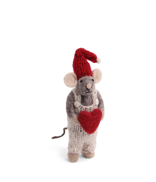 Grey Mouse with Red Heart and Overalls