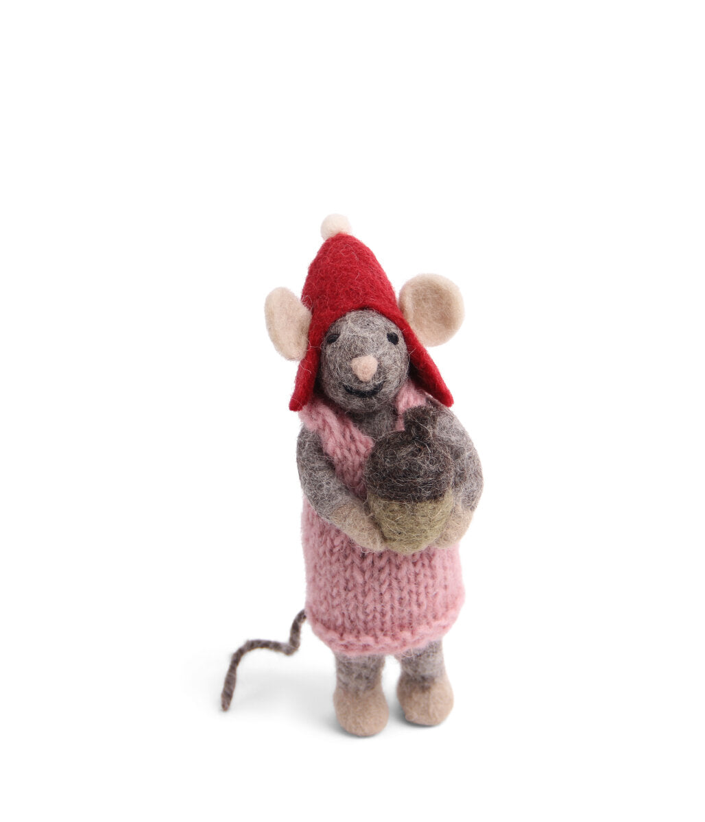 Grey Mouse with Pink Dress and Acorn